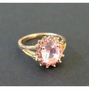Vintage Art Nouveau Gold Gaudy Cocktail Pink Flower Gemstone Ring Sz 9